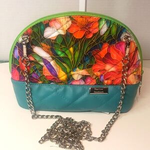 Handmade Stain Glass Cotton Print and Aqua Faux Leather Women's Mini Crossbody